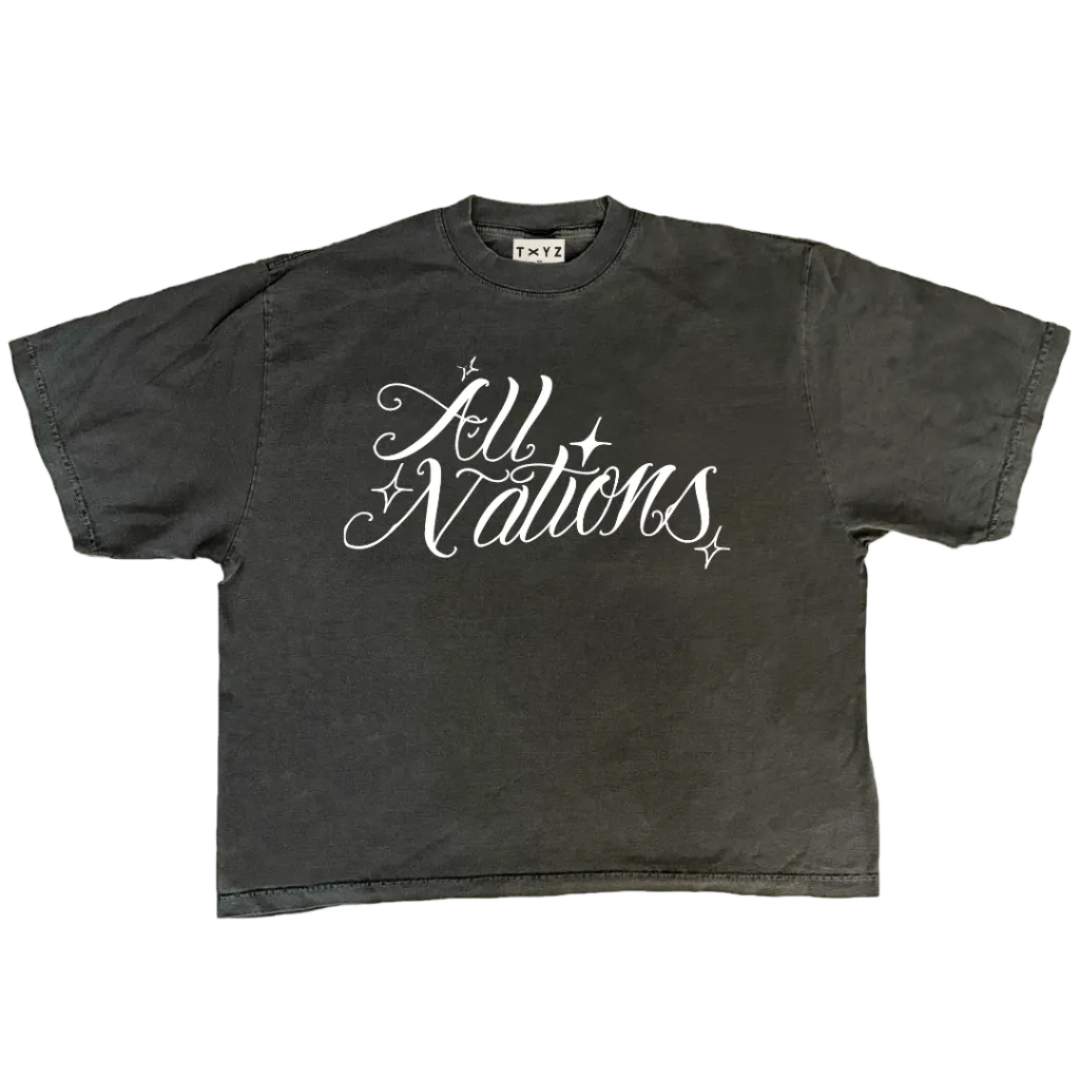 Grey t-shirt with 'All Nations' text on a white background