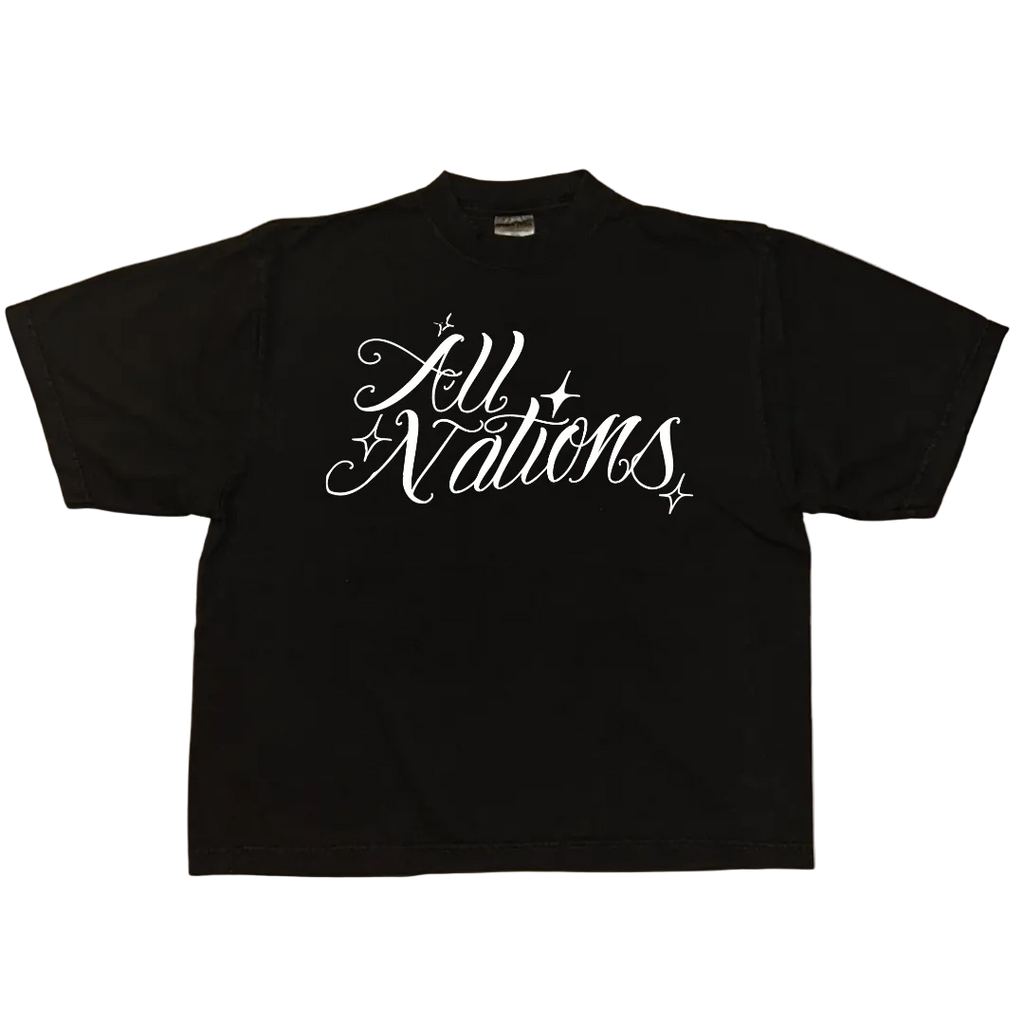 Black t-shirt with 'All Nations' text on a white background