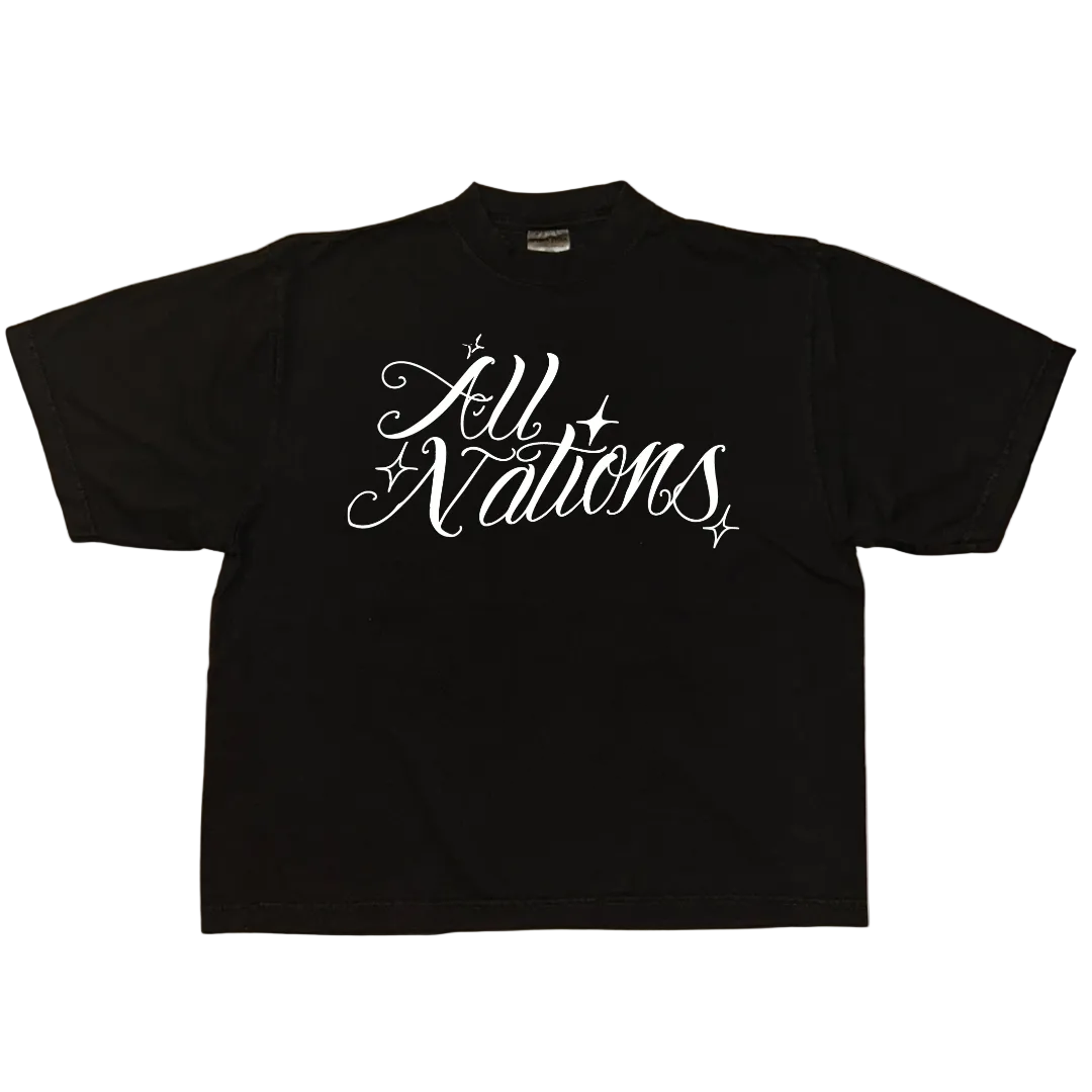 Black t-shirt with 'All Nations' text on a white background